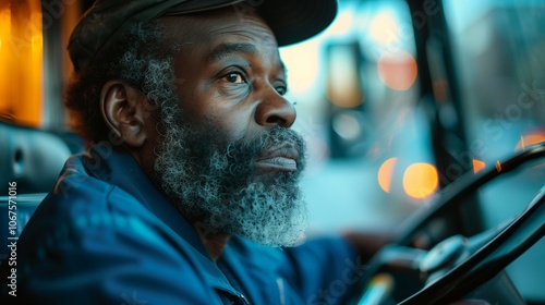 The bus driver looks thoughtfully while navigating the busy streets at dusk