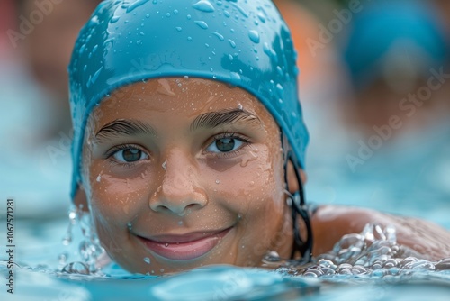 A young athlete in a blue swim cap enjoys the water while warming up for an upcoming race photo