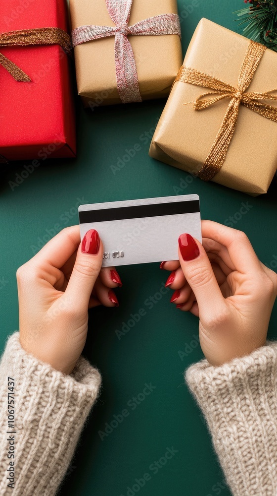A woman's hands preparing for festive shopping with gifts and credit card on a vibrant green backdrop during the holiday season A woman's hands preparing for festive shopping with gifts and credit card on a vibrant green backdrop during the holiday season