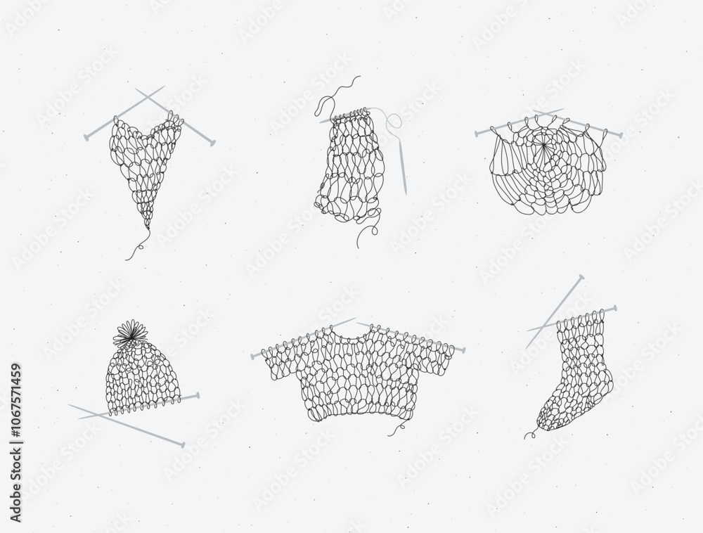 Knitting collection with needles, sweater, sock, hat, napkin, yarn, wool, cap drawing in line art style on beige color background.