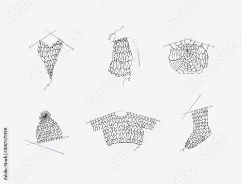 Obraz na płótnie Knitting collection with needles, sweater, sock, hat, napkin, yarn, wool, cap drawing in line art style on beige color background. w salonie