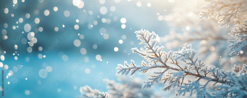 Branch of snowy green spruce, Christmas tree on blue background with snowfall. Winter template, banner concept for Christmas, New Year and sale season. Web card and backdrop with space for text Branch of snowy green spruce, Christmas tree on blue background with snowfall. Winter template, banner concept for Christmas, New Year and sale season. Web card and backdrop with space for text