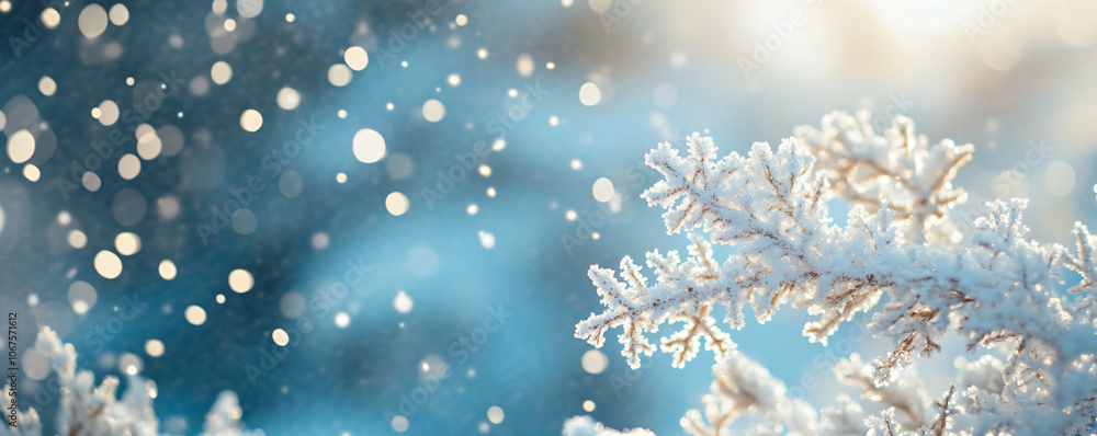 Branch of snowy green spruce, Christmas tree on blue background with snowfall. Winter template, banner concept for Christmas, New Year and sale season. Web card and backdrop with space for text Branch of snowy green spruce, Christmas tree on blue background with snowfall. Winter template, banner concept for Christmas, New Year and sale season. Web card and backdrop with space for text