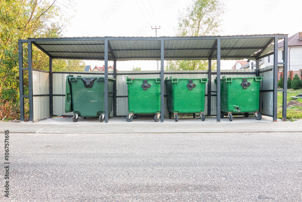 Several green plastic garbage bins stand on a special site with a metal roof. Background. Landscape. Several green plastic garbage bins stand on a special site with a metal roof. Background. Landscape.