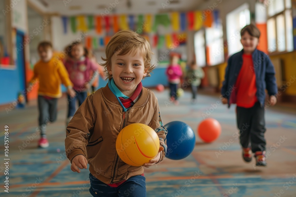 Fototapeta premium Kids run joyfully in a colorful school gym, playing and having fun with colorful balls