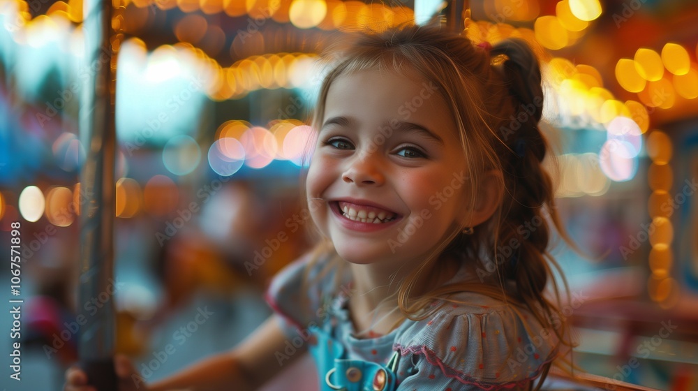 Obraz premium A young girl smiles brightly while riding a carousel surrounded by colorful lights