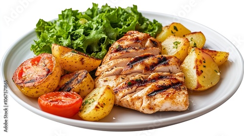 Grilled chicken meat, potatoes, tomato, and green salad

 photo