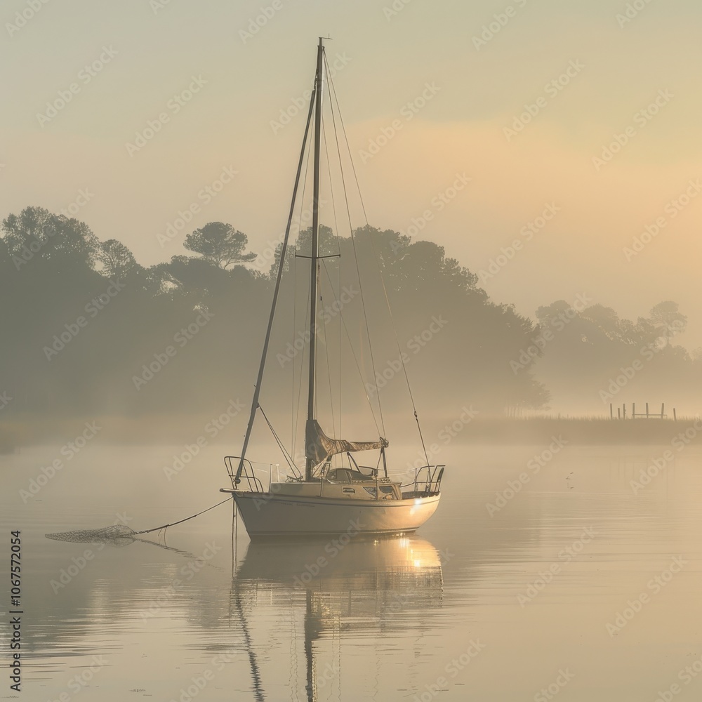 St. Mary's, Georgia: A sailboat is moored on the river just outside the Cumberland National Seashore Ferry during a early foggy morning --v 6 Job ID: bf35fc2c-b42e-40a3-b5c4-ff7b8c84ffc2 St. Mary's, Georgia: A sailboat is moored on the river just outside the Cumberland National Seashore Ferry during a early foggy morning --v 6 Job ID: bf35fc2c-b42e-40a3-b5c4-ff7b8c84ffc2