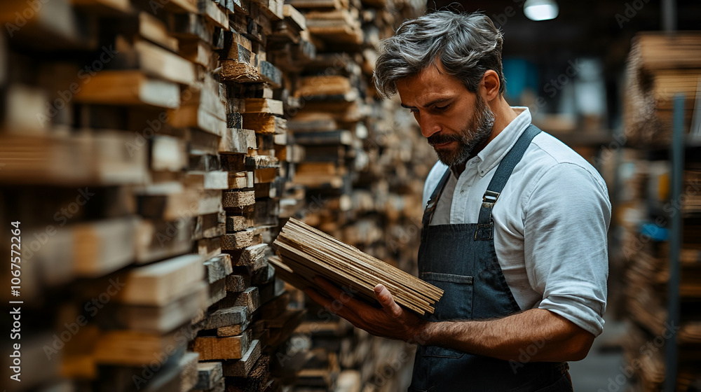 A man in an apron examines wood planks in a lumber warehouse, surrounded by stacks of various timber materials. A man in an apron examines wood planks in a lumber warehouse, surrounded by stacks of various timber materials.