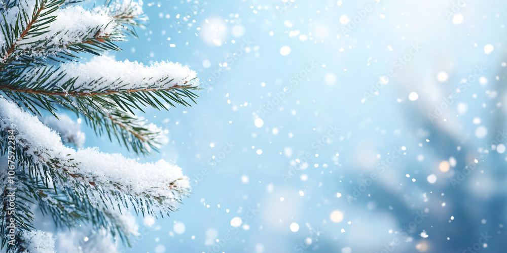 Branch of snowy green spruce, Christmas tree on blue background with snowfall. Winter template, banner concept for Christmas, New Year and sale season. Web card and backdrop with space for text Branch of snowy green spruce, Christmas tree on blue background with snowfall. Winter template, banner concept for Christmas, New Year and sale season. Web card and backdrop with space for text