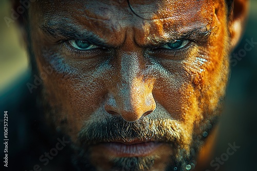 Intense close-up of a determined athlete's sweaty face with piercing eyes