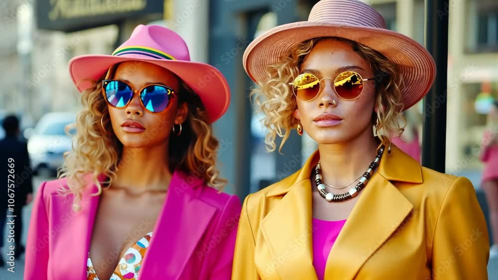 Fashion trends captured on a sunny day with stylish models wearing vibrant outfits and accessories in an urban setting Fashion trends captured on a sunny day with stylish models wearing vibrant outfits and accessories in an urban setting
