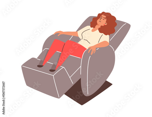 Vector graphics depicting a young woman relaxing while lying on a massage chair