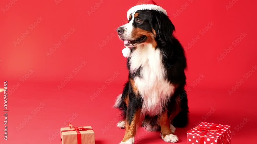 A big funny black Bernese Mountain Dog in a Santa Claus Christmas hat sits on a red background and looks at the camera. The concept of Christmas and New Year. copy space. A big funny black Bernese Mountain Dog in a Santa Claus Christmas hat sits on a red background and looks at the camera. The concept of Christmas and New Year. copy space.