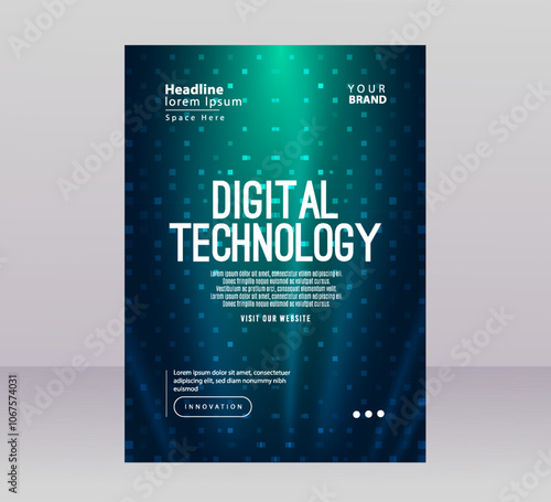 Poster brochure cover banner presentation layout template, Technology digital futuristic internet network connection green blue background, Abstract cyber future tech communication Ai big data science