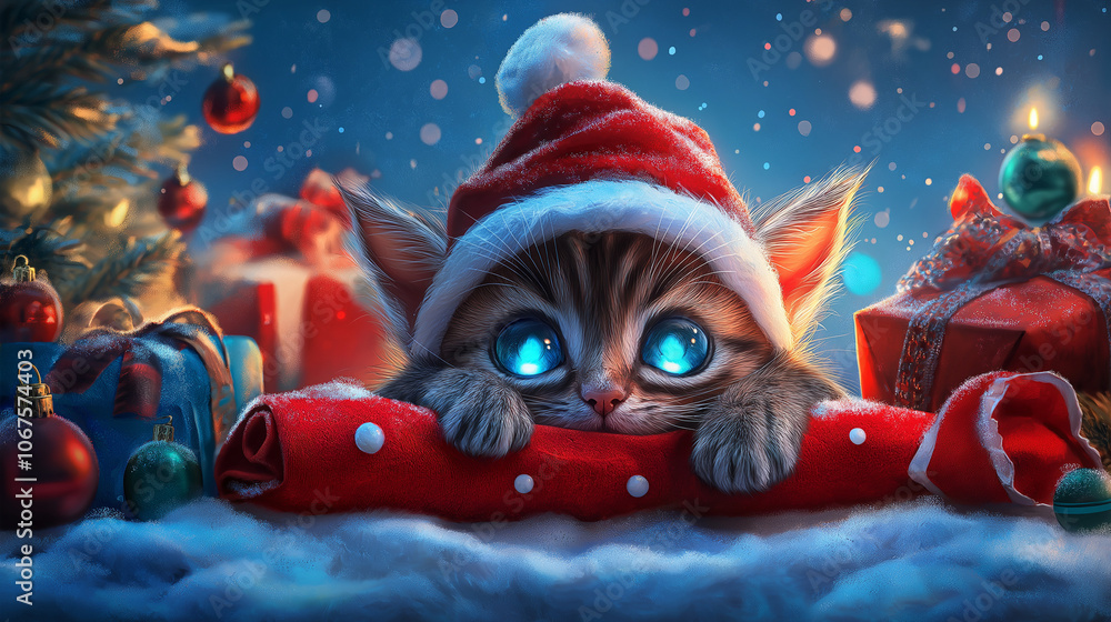 Baby Kitten in Christmas Attire with Glowing Eyes Baby Kitten in Christmas Attire with Glowing Eyes