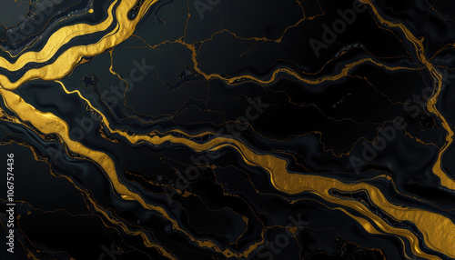 stunning abstract illustration featuring black surface adorned with flowing molten gold lines. intricate patterns resemble liquid marble, creating luxurious and elegant visual effect photo