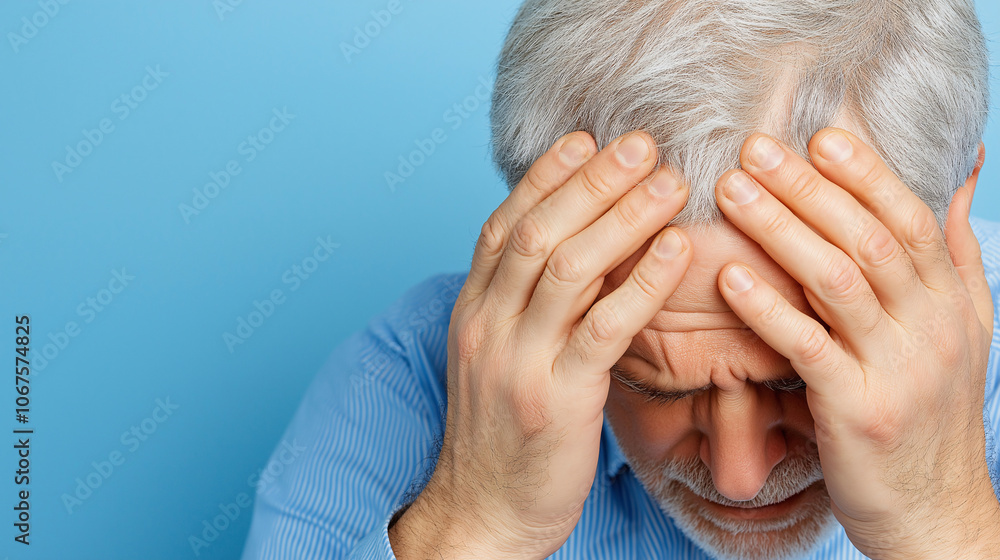 Fototapeta premium Stressed Man Holding Head in Hands Blue Background