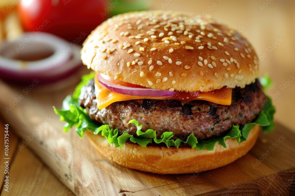 A classic tasty burger with a juicy beef patty, melted cheese, fresh lettuce, tomato, and onion on a sesame seed bun, placed on a wooden tablet, representing a burger menu, junk fast food A classic tasty burger with a juicy beef patty, melted cheese, fresh lettuce, tomato, and onion on a sesame seed bun, placed on a wooden tablet, representing a burger menu, junk fast food