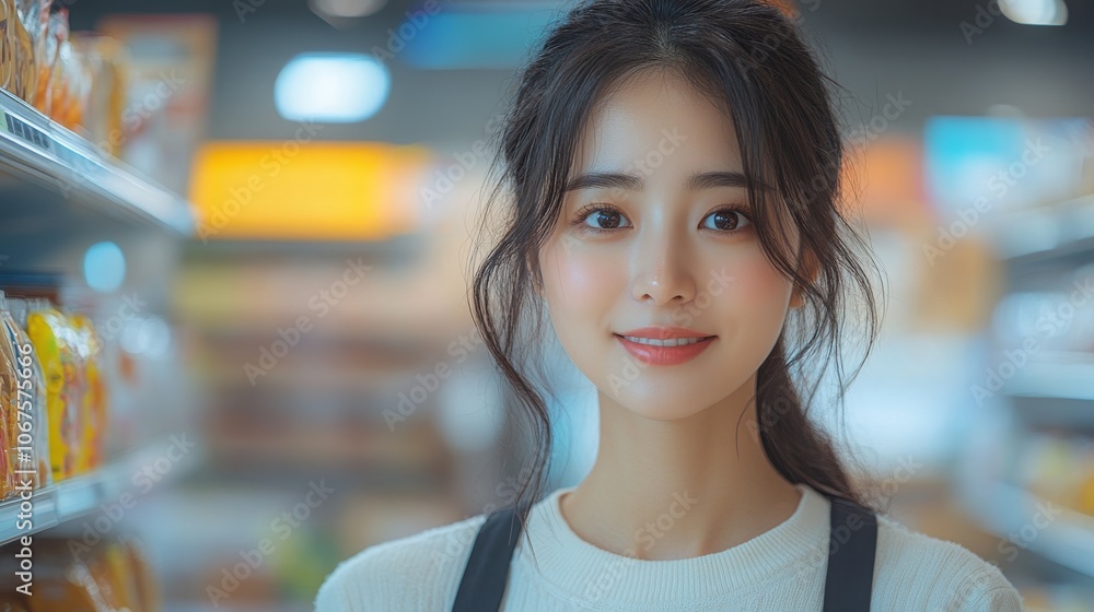 Young Asian female consultant helping customers in a grocery store aisle during the day Young Asian female consultant helping customers in a grocery store aisle during the day