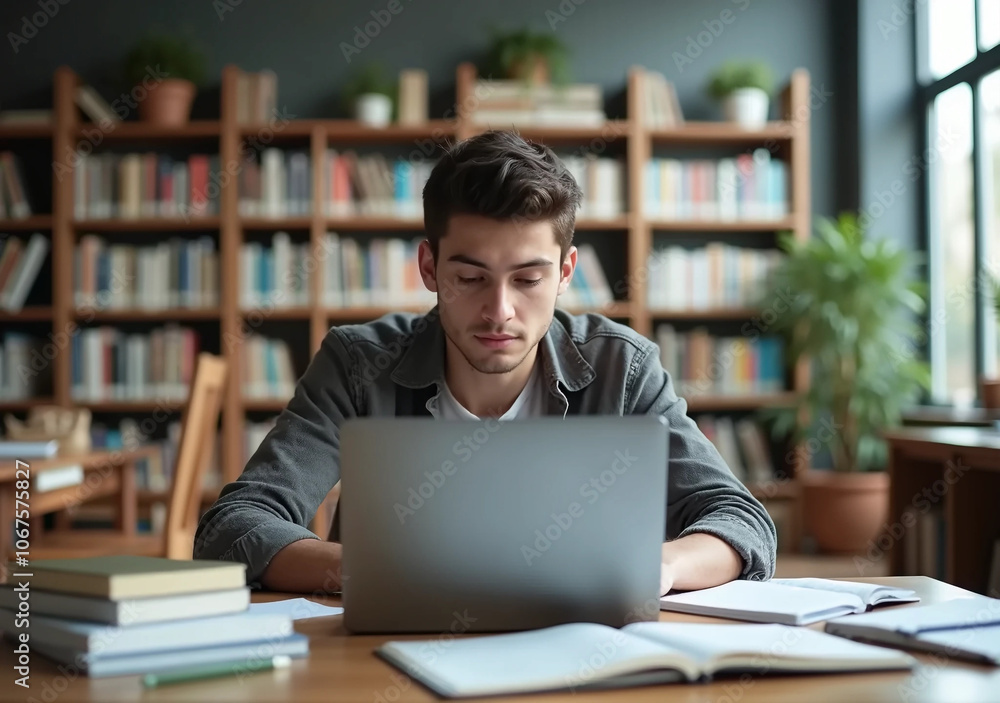 Focused Student Studying in a Quiet Library with a laptop Focused Student Studying in a Quiet Library with a laptop