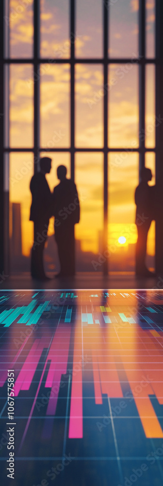 Business Professionals Analyzing Data Graph with Sunset View Business Professionals Analyzing Data Graph with Sunset View