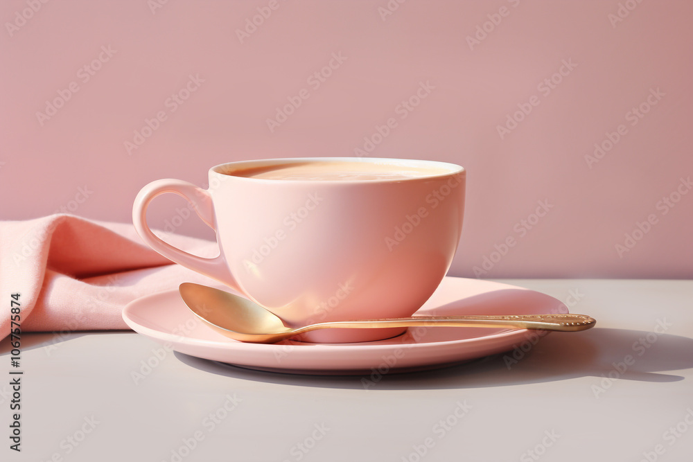An elegant setup featuring a pink cup and saucer with a gold spoon, accompanied by a plate. The cup, filled with coffee or tea, sits on the saucer, creating a sophisticated and inviting atmosphere
