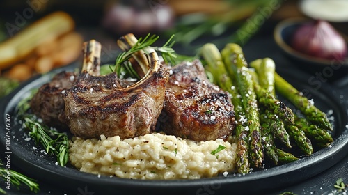 Grilled lamb chops with creamy risotto and charred vegetables

 photo