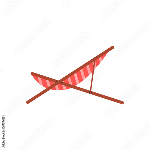 Wooden deck chair with red and white striped fabric vector icon, beach chaise longue for summer relaxing and sunbathing