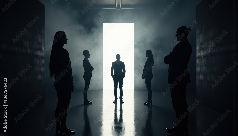 Silhouetted professionals in foggy backlit corridor Silhouetted professionals in foggy backlit corridor