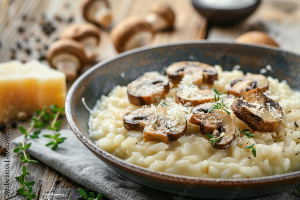 Creamy Risotto with Mushrooms and Parmesan Cheese, Copy Space for Text Creamy Risotto with Mushrooms and Parmesan Cheese, Copy Space for Text
