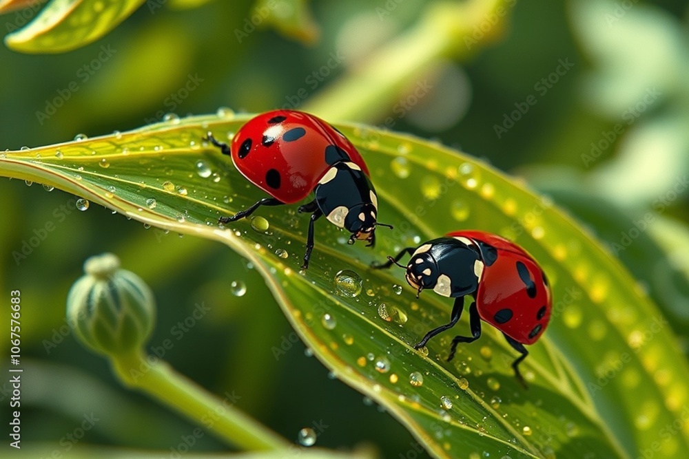 Obraz premium Two Ladybugs on a Green Leaf