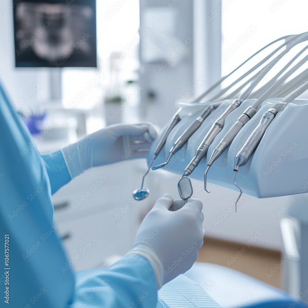 A close-up view of a dentist's hand holding dental tools in a dental clinic. A close-up view of a dentist's hand holding dental tools in a dental clinic.