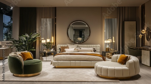 Luxurious Modern Bedroom Interior Design with Gold Accents and Plush Furniture