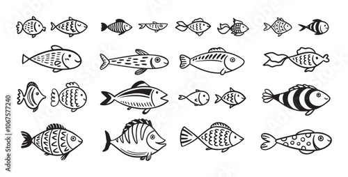 Doodle fish icon set. hand drawn Fish sketch collection. Underwater world sea life ocean