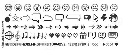 Set of music and video icons, emoji arrows, speech bubble and alphabet. Pixel art vector illustration.