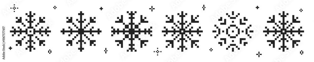 Set of snowflakes or snow icon in pixel art. Retro vector illustration. Set of snowflakes or snow icon in pixel art. Retro vector illustration.