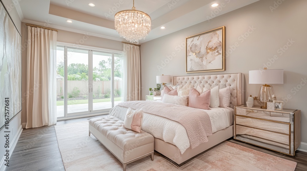 Fototapeta premium A Modern Bedroom with a Large Bed, Pink Bedding, and a Chandelier