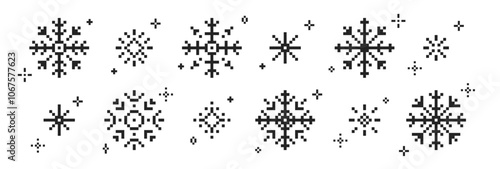 Set of snowflakes or snow icon in pixel art. Retro vector illustration.