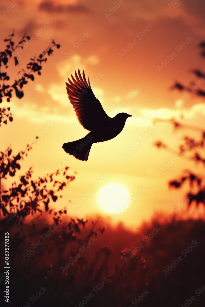 Fototapeta premium Bird Flying Through Sunset