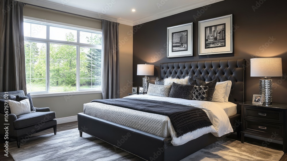 Modern Bedroom with Black Leather Bed and Cityscape Artwork Modern Bedroom with Black Leather Bed and Cityscape Artwork