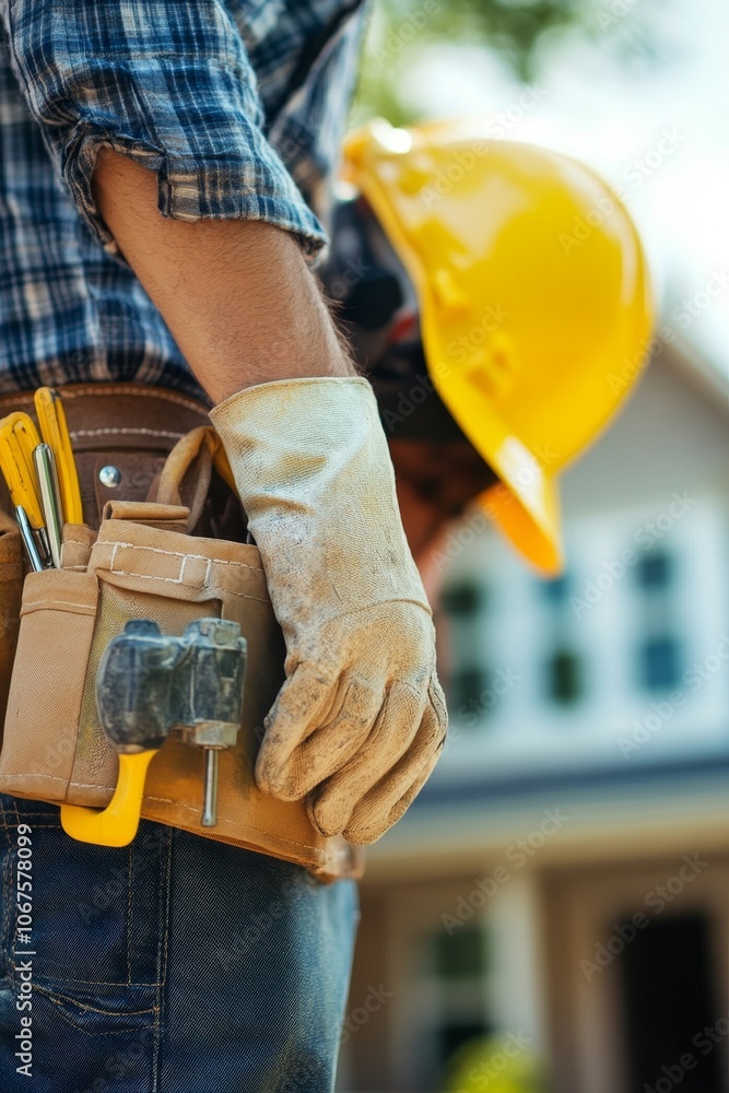 A Construction Worker Observing the New Home Build at Beautiful Sunset, Appreciating the Hard Work and Craftsmanship