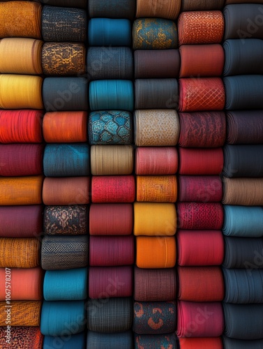 A vibrant artwork showcasing a collection of fabrics, textiles, and materials representing different cultures and ethnicities.