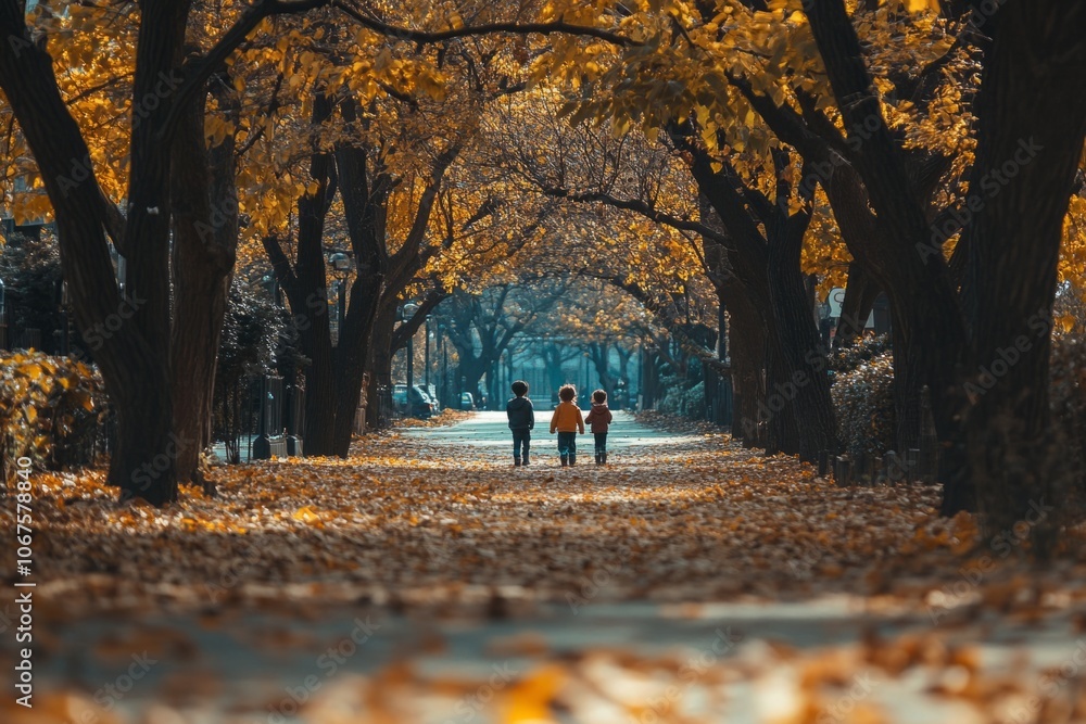 Three children walking down a tree-lined street in autumn Three children walking down a tree-lined street in autumn