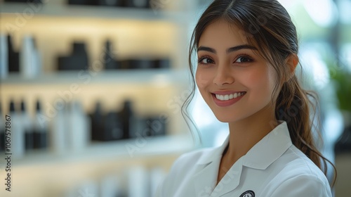 A smiling South Asian female consultant assisting customers at a cosmetics store in the afternoon