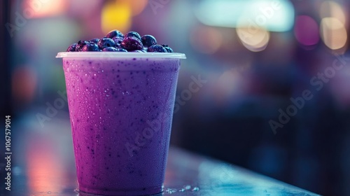 A refreshing blueberry smoothie in a white cup, perfect for a healthy and delicious treat. This smoothie is made with fresh blueberries, ice, and a touch of sweetness. It is a great source of antioxid photo