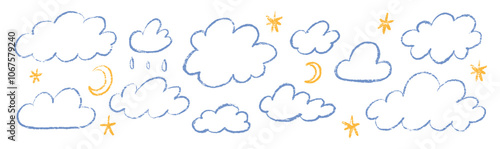 Set of crayon clouds, stars and drops. Hand drawn outline vector kids crayon illustration isolated on white background.