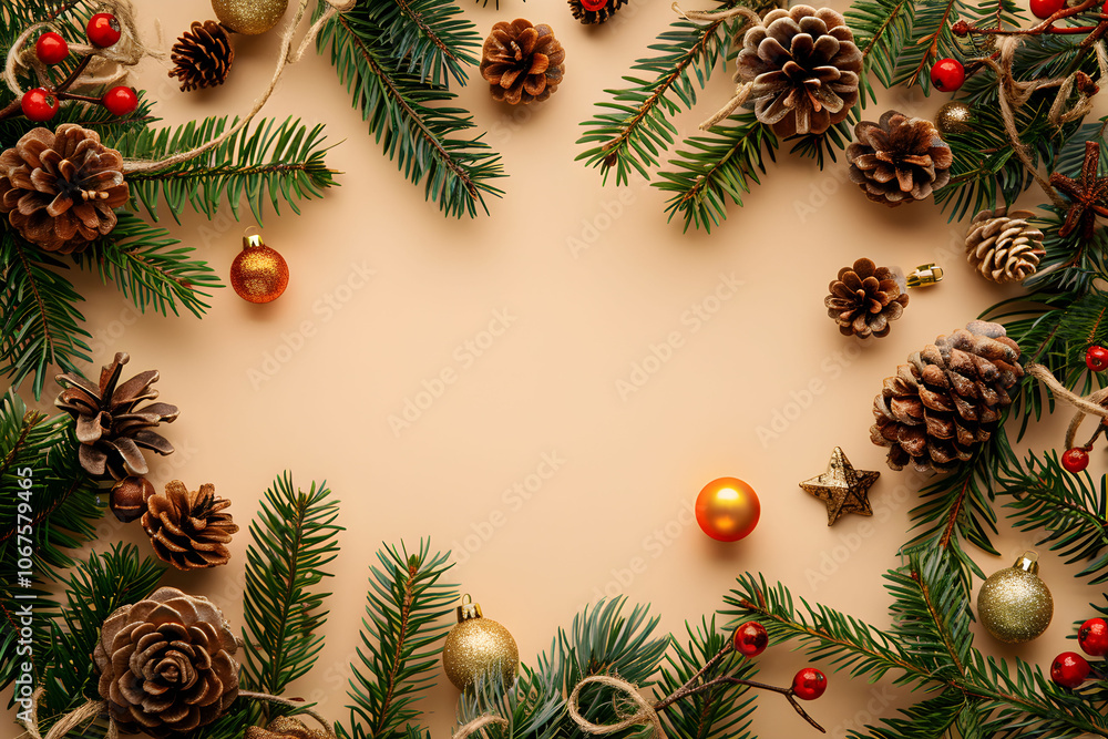 A frame made of Christmas tree branches, gold ornaments, cones, berries and golden stars on a light beige background. New Year banners with space for text A frame made of Christmas tree branches, gold ornaments, cones, berries and golden stars on a light beige background. New Year banners with space for text