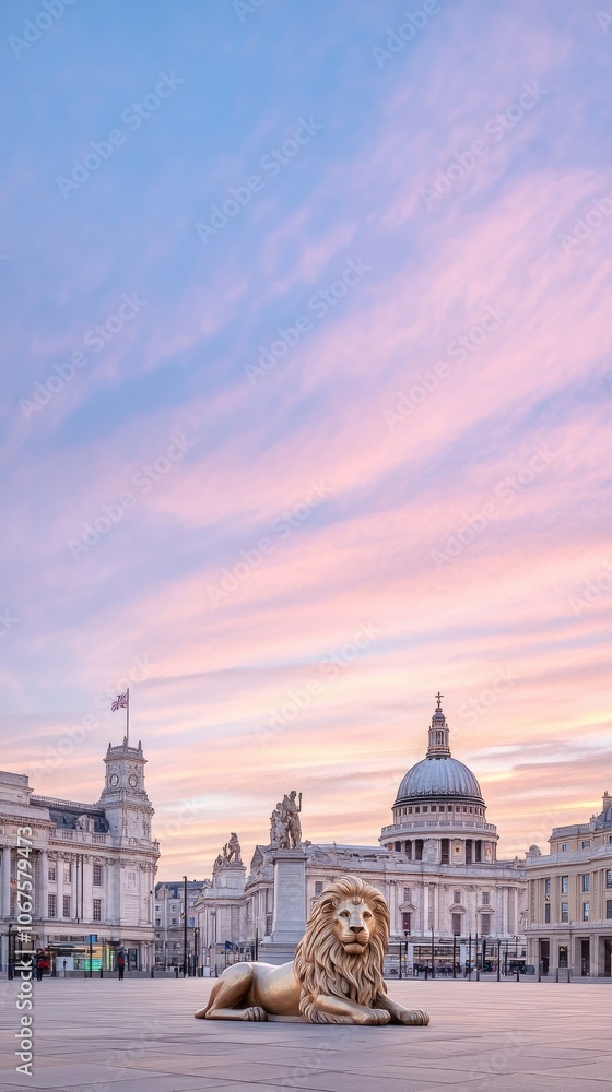 Obraz premium Majestic bronze lion resting at dusk in front of the grand gallery in Trafalgar Square, London, showcasing vibrant skies