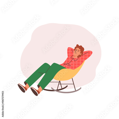 Man sat comfortably in a rocking chair and dozed off.